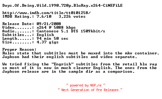 NFO for the release Days.Of.Being.Wild.1990.PROPER.720p.BluRay.x264-CiNEFiLE by CiNEFiLE