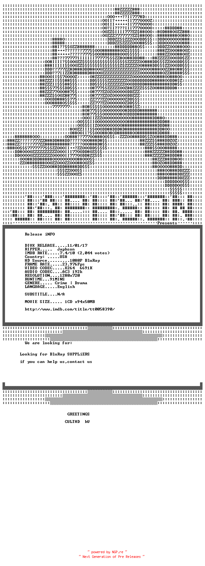 NFO for the release The.Naked.Kiss.1964.720p.BluRay.x264-Japhson by Japhson
