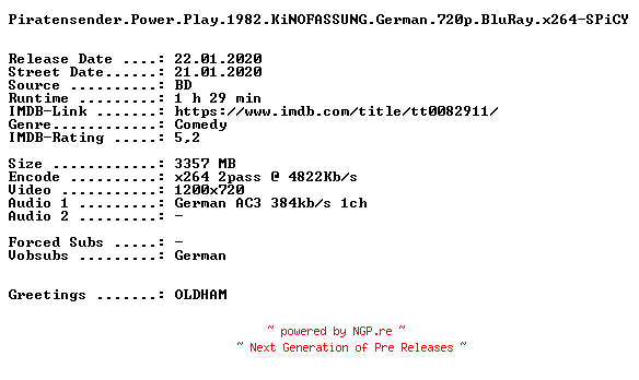 NFO for the release Piratensender.Power.Play.1982.KiNOFASSUNG.German.720p.BluRay.x264-SPiCY by SPiCY
