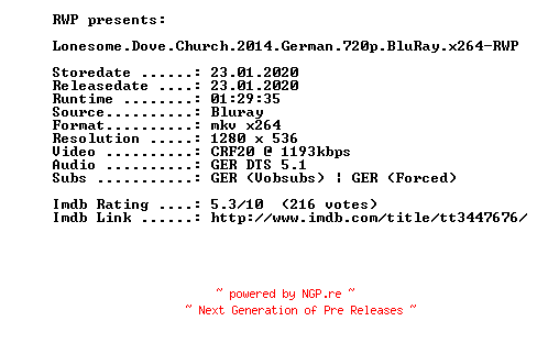 NFO for the release Lonesome.Dove.Church.2014.German.720p.BluRay.x264-RWP by RWP