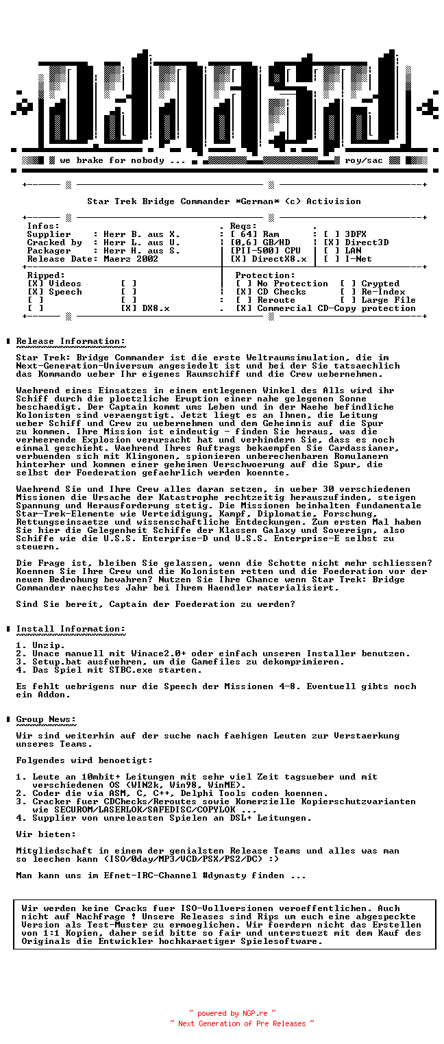 NFO for the release Star.Trek.Bridge.Commander.GERMAN-DYNASTY by DYNASTY