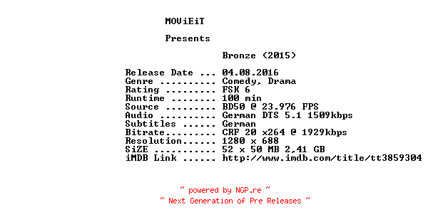 NFO for the release Bronze.2015.German.720p.BluRay.x264-MOViEiT by MOViEiT