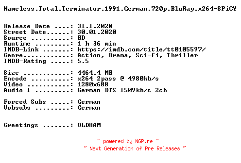 NFO for the release Nameless.Total.Terminator.1991.German.720p.BluRay.x264-SPiCY by SPiCY