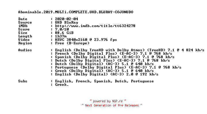 NFO for the release Abominable.2019.MULTi.COMPLETE.UHD.BLURAY-COJONUDO by COJONUDO
