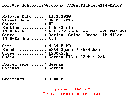 NFO for the release Der.Vernichter.1975.German.720p.BluRay.x264-SPiCY by SPiCY