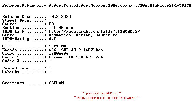 NFO for the release Pokemon.9.Ranger.und.der.Tempel.des.Meeres.2006.German.720p.BluRay.x264-SPiCY by SPiCY