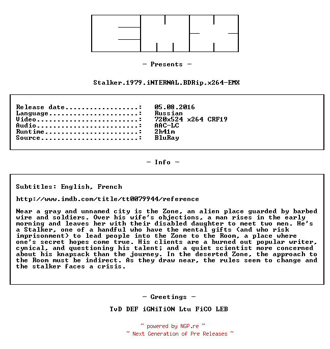 NFO for the release Stalker.1979.iNTERNAL.BDRip.x264-EMX by EMX