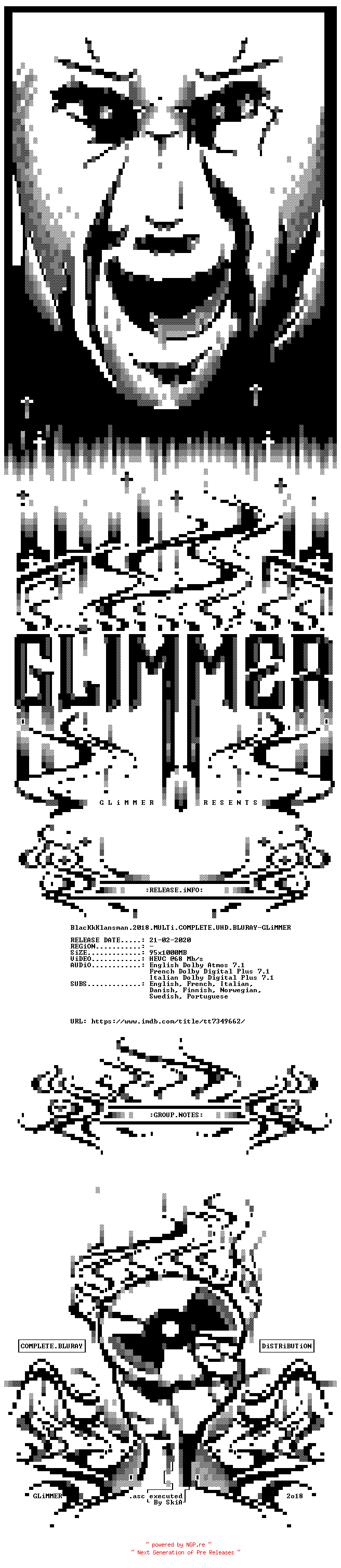 NFO for the release BlacKkKlansman.2018.MULTi.COMPLETE.UHD.BLURAY-GLiMMER by GLiMMER