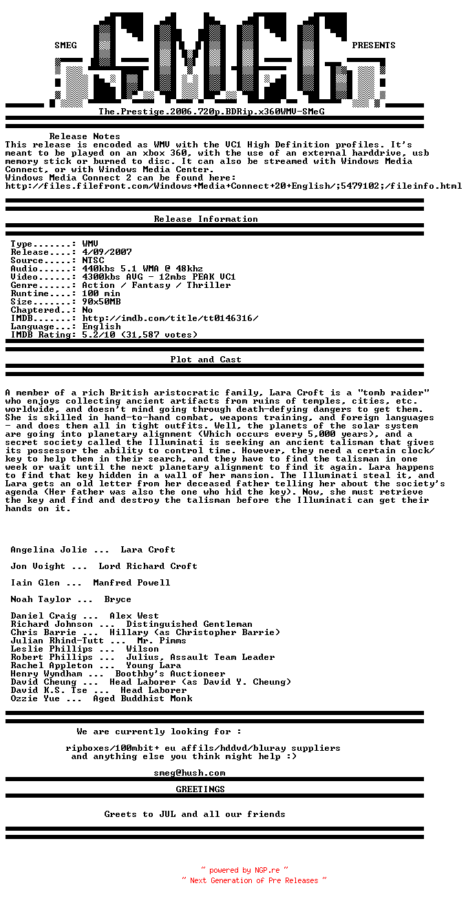 NFO for the release Lara.Croft.Tomb.Raider.2001.BDRiP.720p.X360WMV-SMeG by SMeG