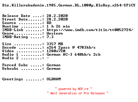 NFO for the release Die.Killerakademie.1985.German.720p.BluRay.x264-SPiCY by SPiCY