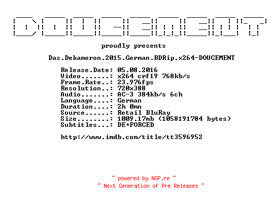 NFO for the release Das.Dekameron.2015.German.BDRip.x264-DOUCEMENT by DOUCEMENT