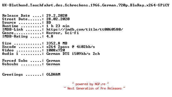 NFO for the release UX-Bluthund.Tauchfahrt.des.Schreckens.1966.German.720p.BluRay.x264-SPiCY by SPiCY