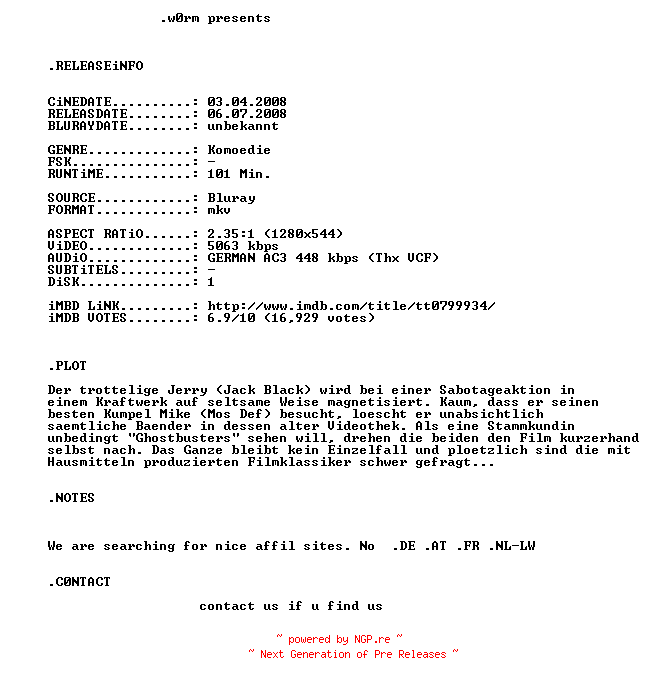 NFO for the release Abgedreht.2008.German.AC3.Dubbed.720p.Bluray.x264-w0rm by w0rm