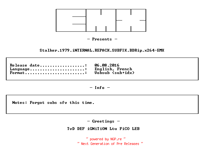 NFO for the release Stalker.1979.iNTERNAL.REPACK.BDRip.x264-EMX by EMX
