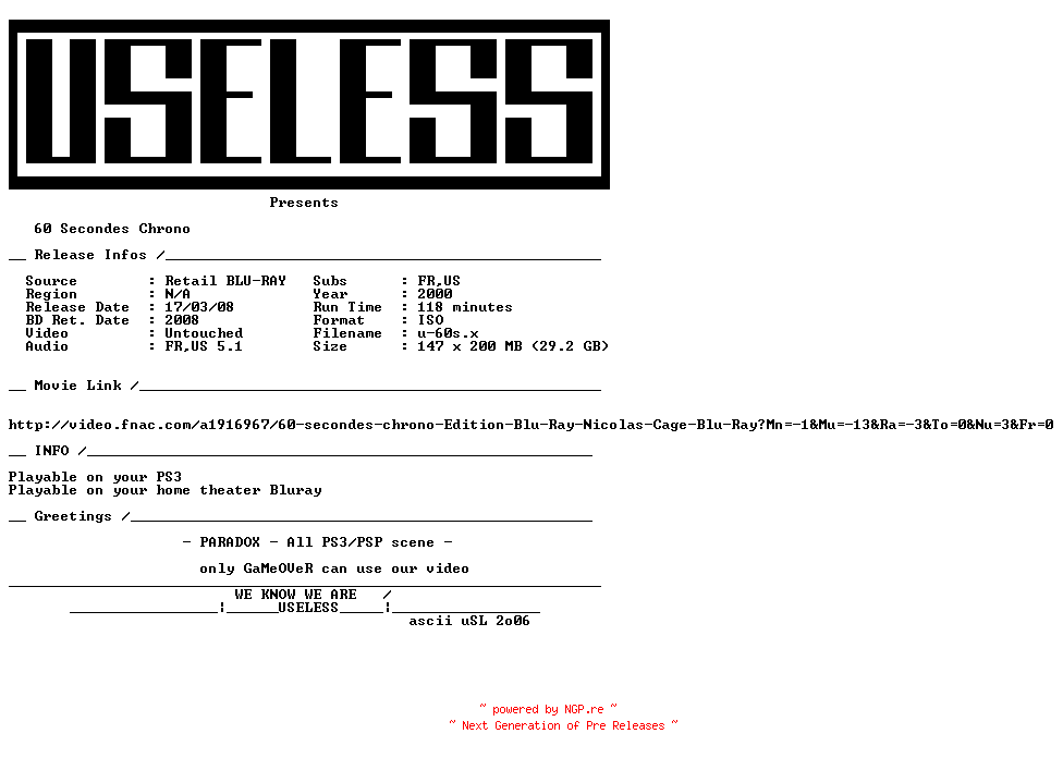 NFO for the release 60.Secondes.Chrono.2000.MULTi.BLURAY-USELESS by USELESS