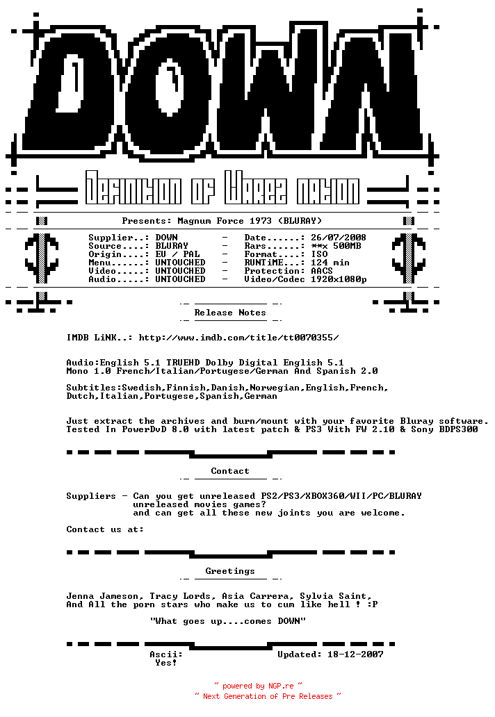 NFO for the release Magnum.Force.1973.NORDiC.BLURAY-DOWN by DOWN