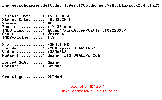 NFO for the release Django.schwarzer.Gott.des.Todes.1966.German.720p.BluRay.x264-SPiCY by SPiCY