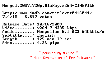 NFO for the release Mongol.2007.720p.BluRay.x264-CiNEFiLE by CiNEFiLE