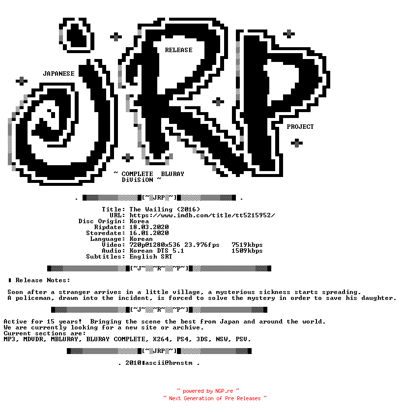 NFO for the release The.Wailing.2016.INTERNAL.720p.BluRay.x264-JRP by JRP
