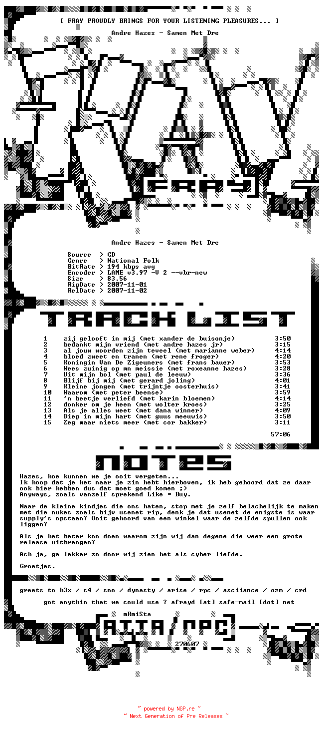 NFO for the release Andre_Hazes-Samen_Met_Dre-NL-2007-FRAY by FRAY