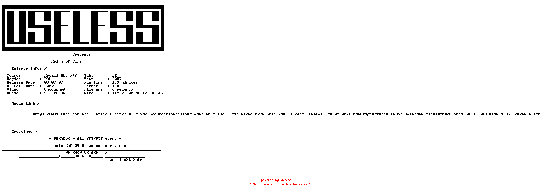 NFO for the release REIGN.OF.FIRE.2002.PAL.MULTi.BLURAY-USELESS by USELESS