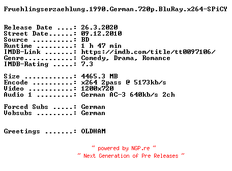 NFO for the release Fruehlingserzaehlung.1990.German.720p.BluRay.x264-SPiCY by SPiCY