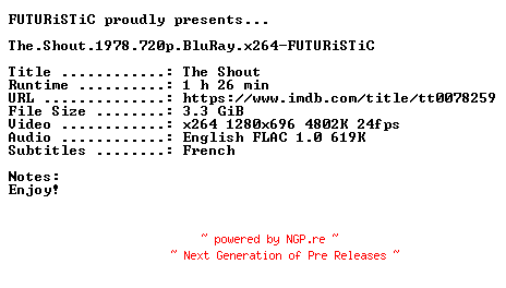 NFO for the release The.Shout.1978.720p.BluRay.x264-FUTURiSTiC by FUTURiSTiC