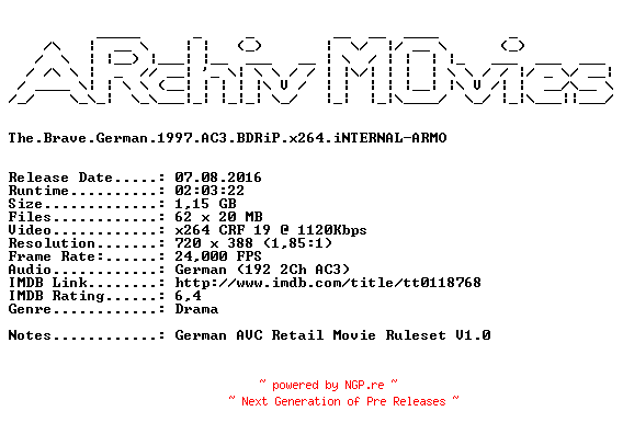 NFO for the release The.Brave.German.1997.AC3.BDRiP.x264.iNTERNAL-ARMO by ARMO
