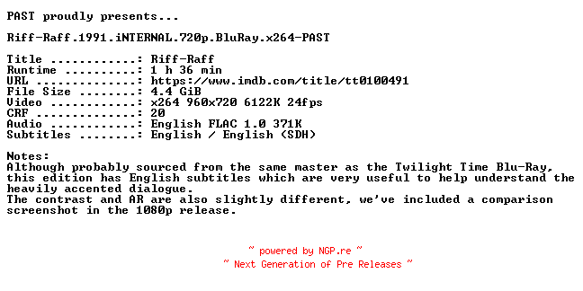 NFO for the release Riff-Raff.1991.iNTERNAL.720p.BluRay.x264-PAST by PAST