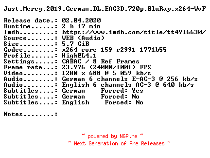 NFO for the release Just.Mercy.2019.German.DL.EAC3D.720p.BluRay.x264-WvF by WvF