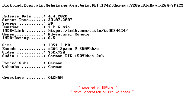 NFO for the release Dick.und.Doof.als.Geheimagenten.beim.FBI.1942.German.720p.BluRay.x264-SPiCY by SPiCY