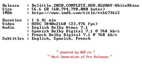NFO for the release Dolittle.2020.COMPLETE.UHD.BLURAY-WhiteRhino by WhiteRhino