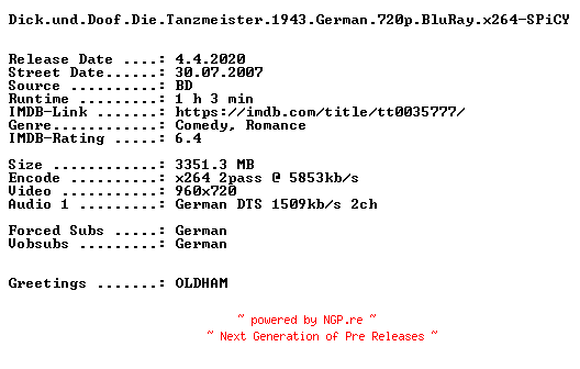 NFO for the release Dick.und.Doof.Die.Tanzmeister.1943.German.720p.BluRay.x264-SPiCY by SPiCY