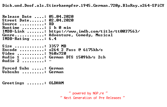 NFO for the release Dick.und.Doof.als.Stierkaempfer.1945.German.720p.BluRay.x264-SPiCY by SPiCY