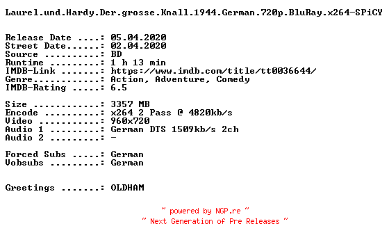 NFO for the release Laurel.und.Hardy.Der.grosse.Knall.1944.German.720p.BluRay.x264-SPiCY by SPiCY