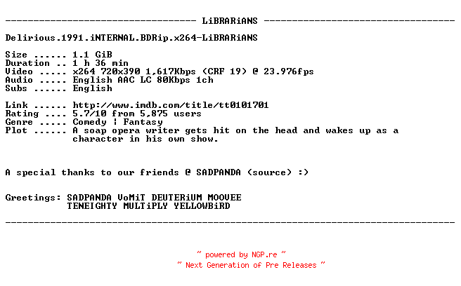 NFO for the release Delirious.1991.iNTERNAL.BDRip.x264-LiBRARiANS by LiBRARiANS