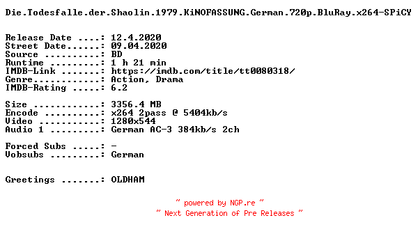 NFO for the release Die.Todesfalle.der.Shaolin.1979.KiNOFASSUNG.German.720p.BluRay.x264-SPiCY by SPiCY
