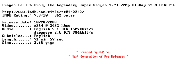NFO for the release Dragon.Ball.Z.Broly.The.Legendary.Super.Saiyan.1993.720p.BluRay.x264-CiNEFiLE by CiNEFiLE