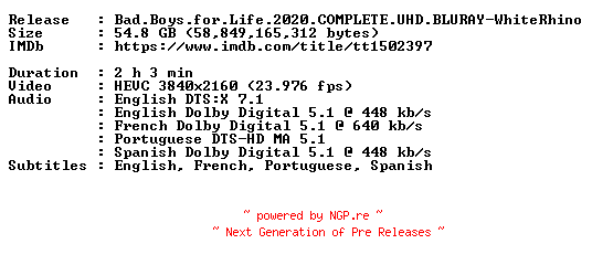 NFO for the release Bad.Boys.for.Life.2020.COMPLETE.UHD.BLURAY-WhiteRhino by WhiteRhino