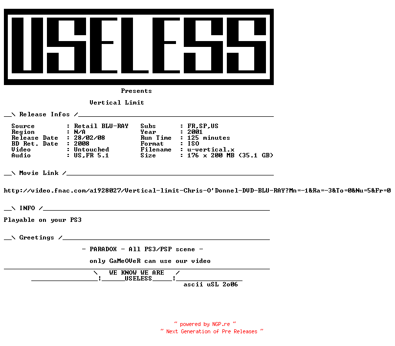 NFO for the release Vertical.Limit.2000.MULTi.BLURAY-USELESS by USELESS