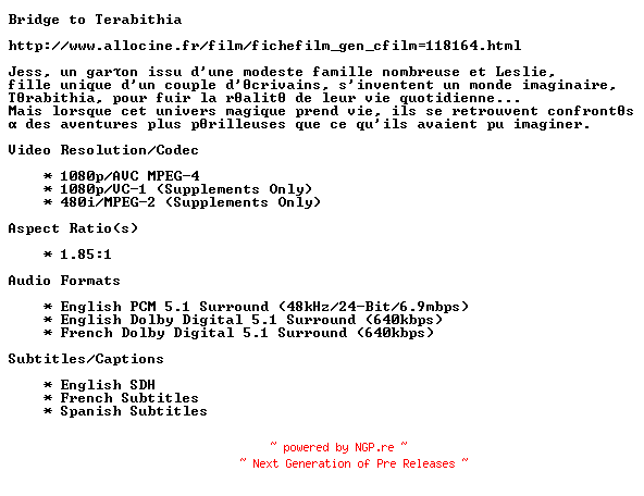 NFO for the release Bridge.To.Terabithia.INT.MULTi.FULL.BLURAY-BLUHD by BLUHD