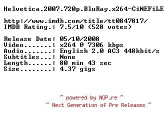 NFO for the release Helvetica.2007.720p.BluRay.x264-CiNEFiLE by CiNEFiLE