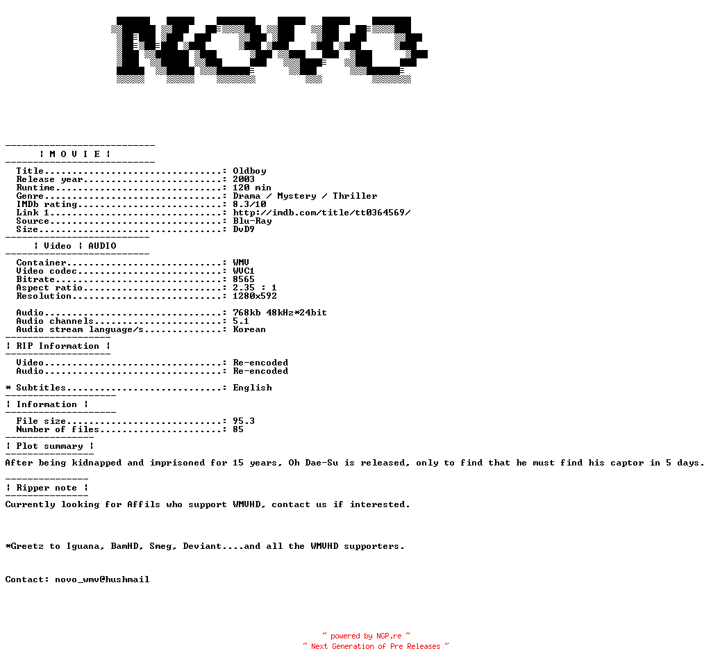 NFO for the release Oldboy.2003.Bluray.VC1.720P.5.1.WMV-NOVO by NOVO