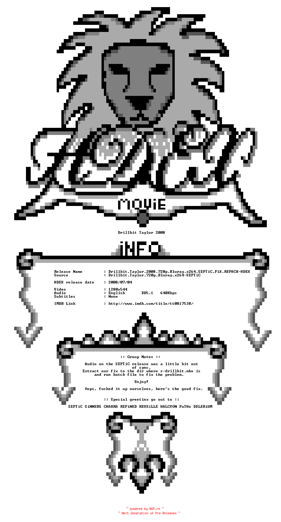 NFO for the release Drillbit.Taylor.2008.720p.Bluray.x264.SEPTiC.FiX.REPACK-HDEX by HDEX