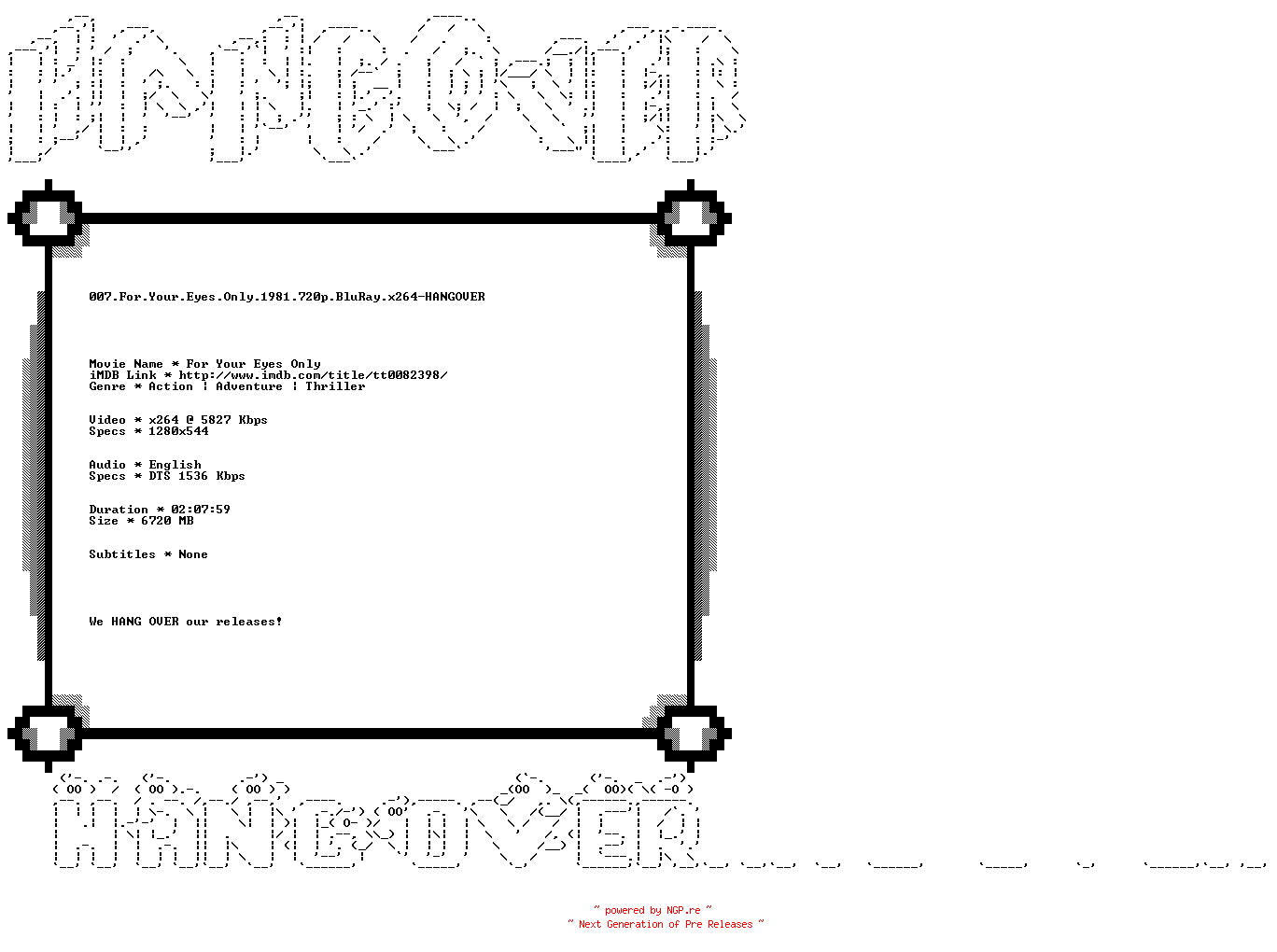 NFO for the release 007.For.Your.Eyes.Only.1981.720p.BluRay.x264-HANGOVER by HANGOVER