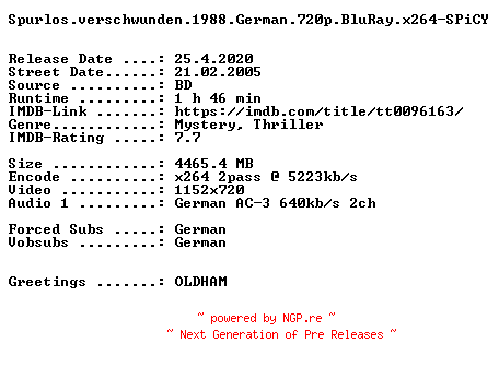 NFO for the release Spurlos.verschwunden.1988.German.720p.BluRay.x264-SPiCY by SPiCY