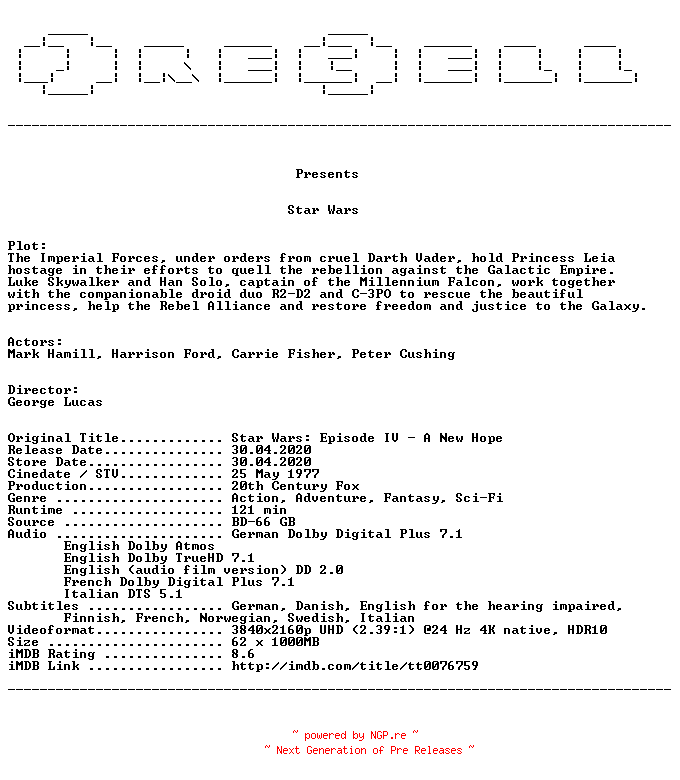 NFO for the release Star.Wars.1977.MULTi.COMPLETE.UHD.BLURAY-PRECELL by PRECELL