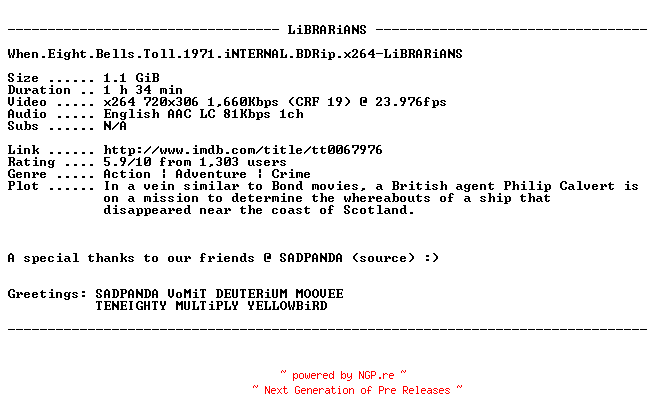 NFO for the release When.Eight.Bells.Toll.1971.iNTERNAL.BDRip.x264-LiBRARiANS by LiBRARiANS