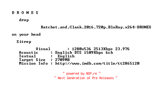 NFO for the release Ratchet.and.Clank.2016.720p.BluRay.x264-DRONES by DRONES