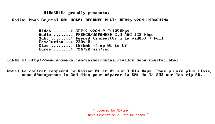 NFO for the release Sailor.Moon.Crystal.S01.VOL01.READNFO.MULTi.BDRip.x264-HiRoSHiMa by HiRoSHiMa